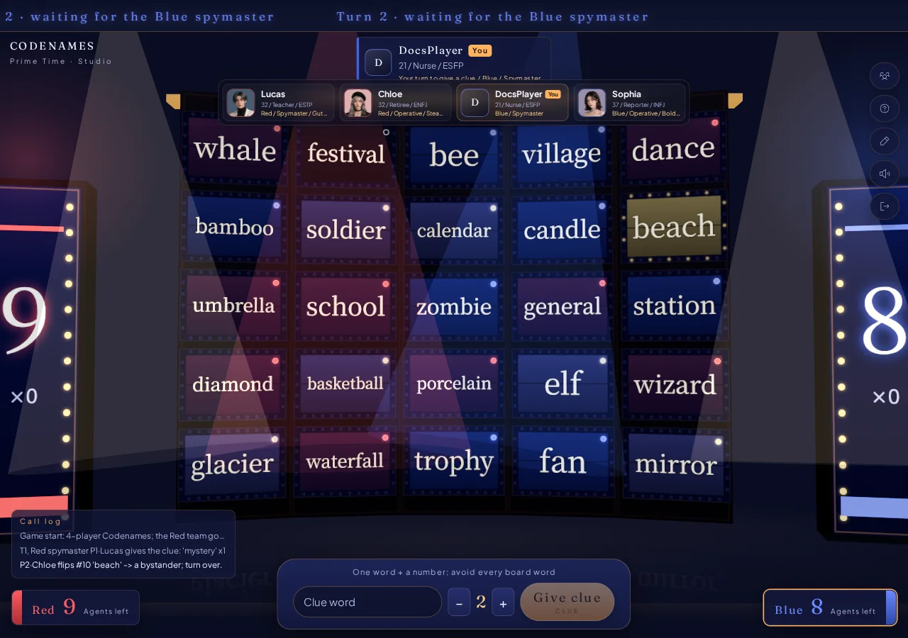 Use the bottom console to give a clue or reveal a selected card, depending on your role English Codenames studio with the word wall, spymaster console, team counters, and roster