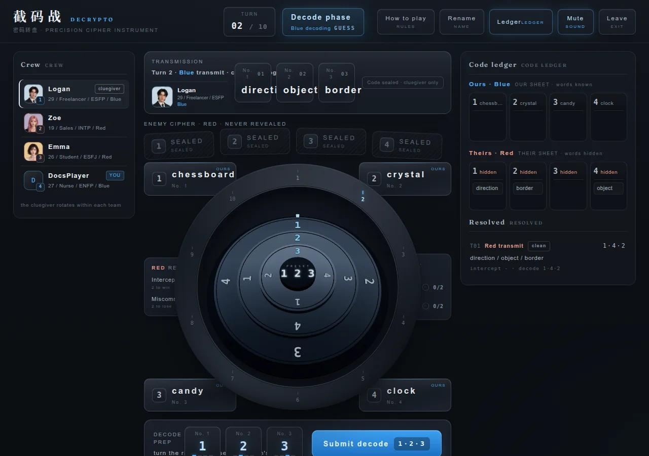 Check the current phase and active team, then submit clues or a three-digit code from the bottom dock English Decrypto table with the cipher dial, keyword plates, transmission clues, token tracks, and ledger