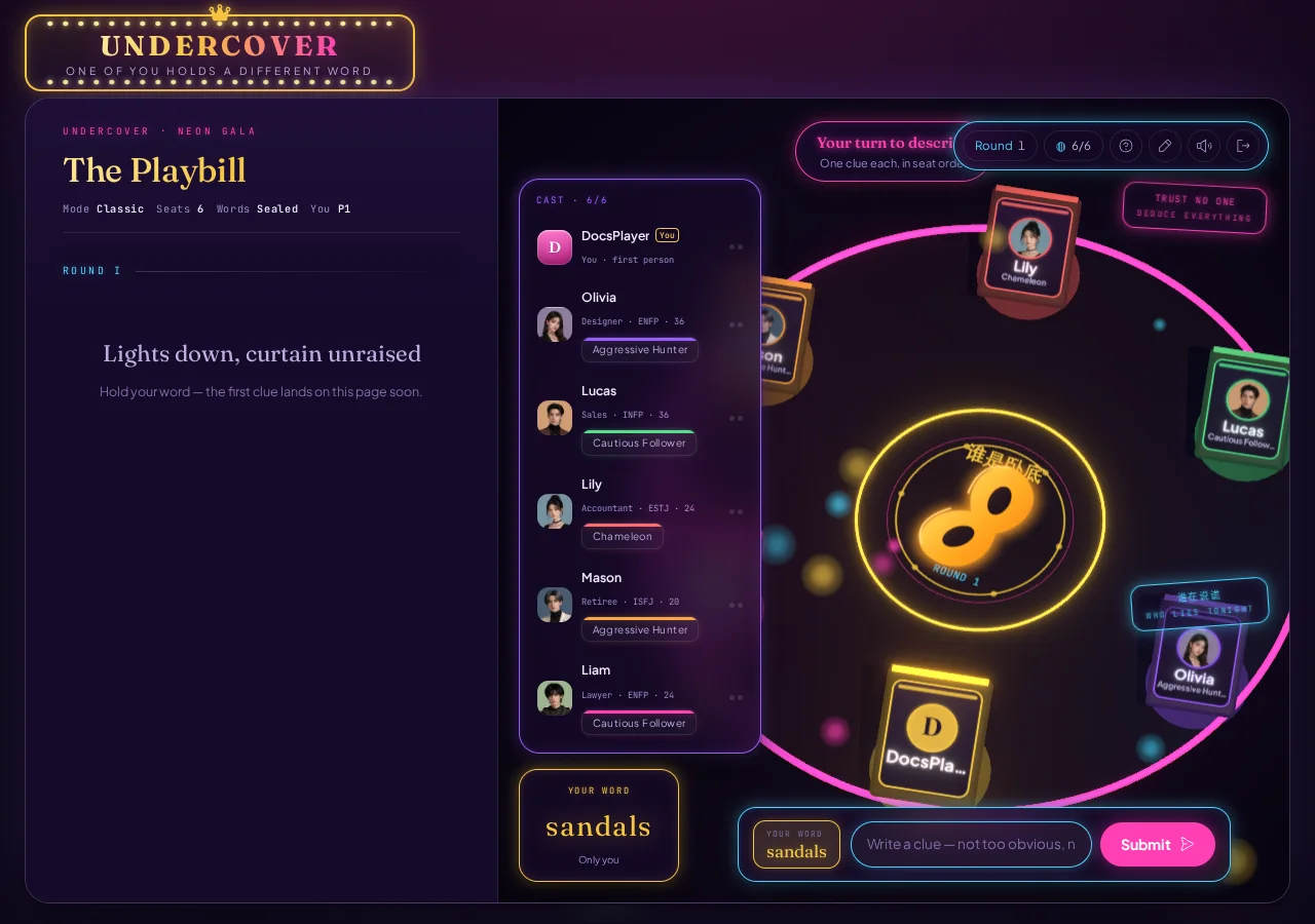 Identify the active player on stage, then use the bottom dock; submitted clues will fill the column English Undercover match showing the private word, cast, empty clue column, and action dock