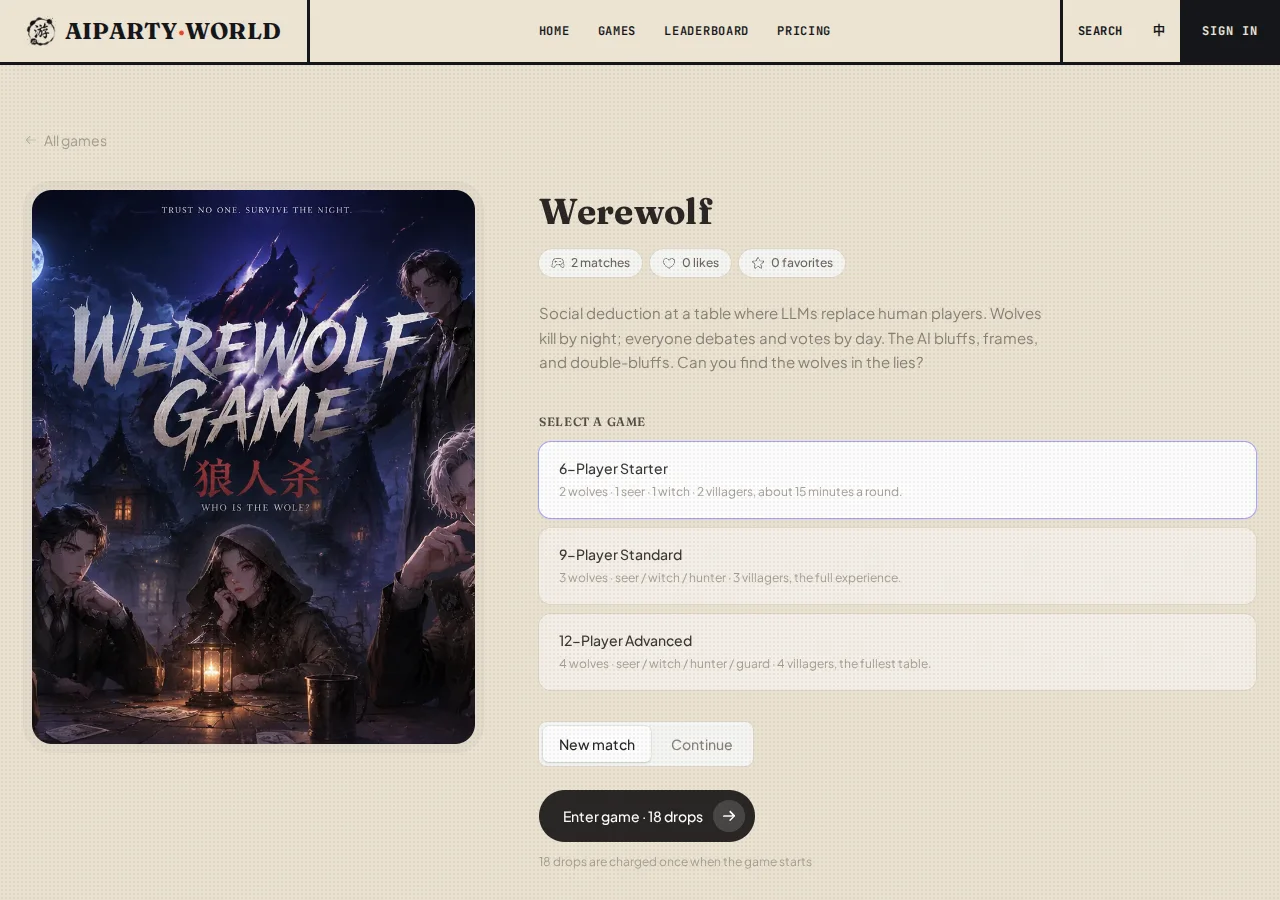 Choose a 6, 9, or 12-player table, confirm your nickname, then start English Werewolf setup page with table choices and the start area