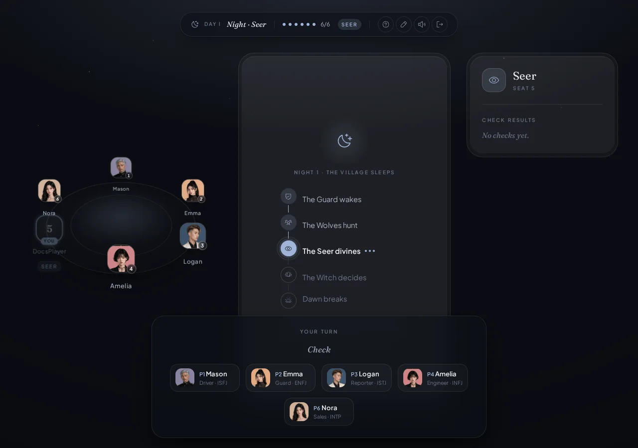 Confirm the night phase and alive count, review your role dossier, then choose a legal check target English Werewolf night screen showing the Seer phase, seats, role dossier, and check action